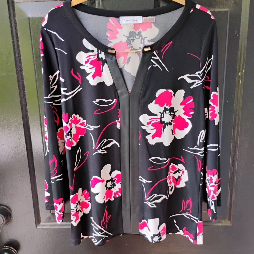 Calvin Klein Black Floral Jersey Top w/ Faux Leather Trim